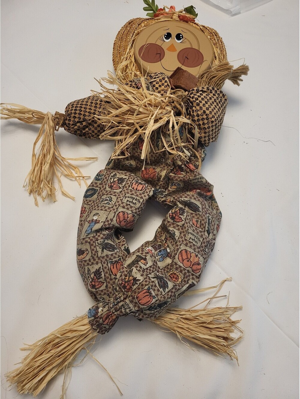 Handmade Autumn Scarecrow  Decor with Straw Hat and Pumpkin Print Pants 32x14